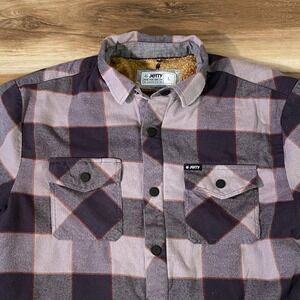 Jetty Mens Sherpa Lined Flannel Shirt Jacket Grey Black Plaid Size Large